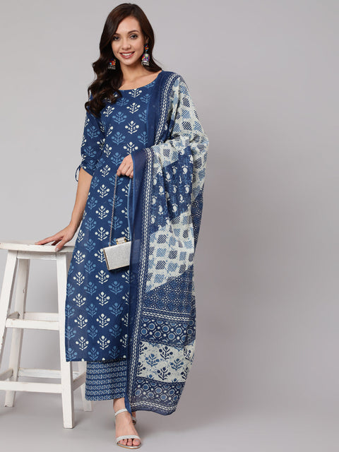 Women Navy Blue Ethnic Printed Straight Kurta With Palazzo And Dupatta