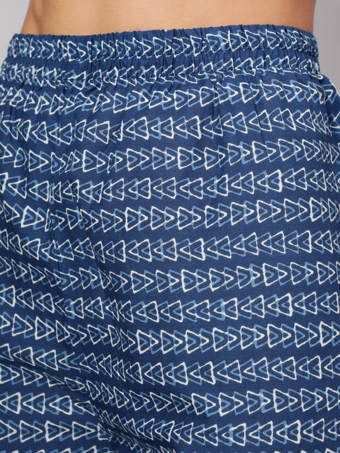 Women Navy Blue Ethnic Printed Straight Kurta With Palazzo And Dupatta