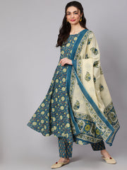 Women Green Floral Printed Flared Kurta With Trouser And Dupatta