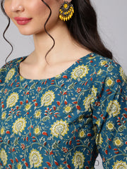 Women Green Floral Printed Flared Kurta With Trouser And Dupatta