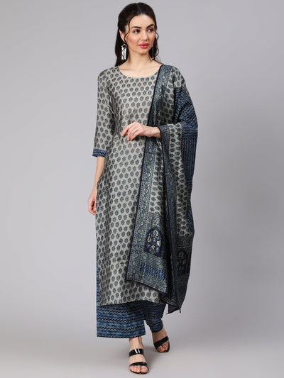Women Grey & Navy Blue Ethnic Printed Straight Kurta With Palazzo And Printed Dupatta