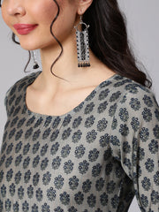 Women Grey & Navy Blue Ethnic Printed Straight Kurta With Palazzo And Printed Dupatta