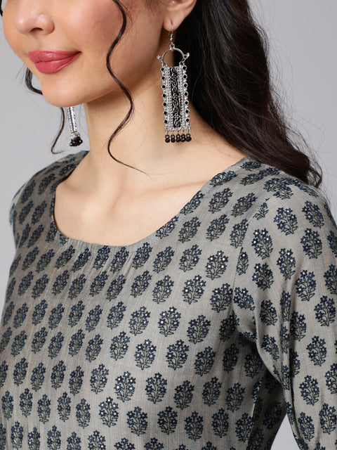 Women Grey & Navy Blue Ethnic Printed Straight Kurta With Palazzo And Printed Dupatta