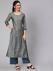 Women Grey & Navy Blue Ethnic Printed Straight Kurta With Palazzo And Printed Dupatta