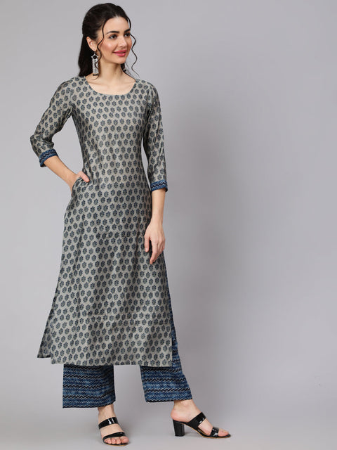 Women Grey & Navy Blue Ethnic Printed Straight Kurta With Palazzo And Printed Dupatta