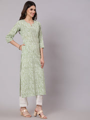 Women Green Printed Straight Kurta and White Solid Palazzo With Lace Detail