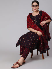 Women Black & Maroon Ethnic Motif Printed Straight Kurta With Trouser And Dupatta