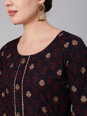 Women Black & Maroon Ethnic Motif Printed Straight Kurta With Trouser And Dupatta