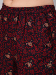 Women Black & Maroon Ethnic Motif Printed Straight Kurta With Trouser And Dupatta