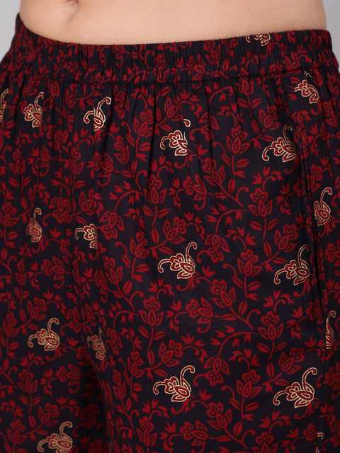 Women Black & Maroon Ethnic Motif Printed Straight Kurta With Trouser And Dupatta