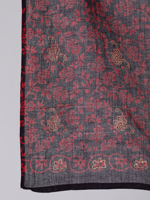 Women Black & Maroon Ethnic Motif Printed Straight Kurta With Trouser And Dupatta