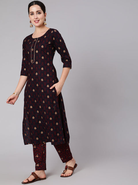 Women Black & Maroon Ethnic Motif Printed Straight Kurta With Trouser And Dupatta