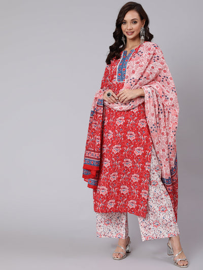 Women Red Floral Printed Straight Kurta & Palazzo With Dupatta