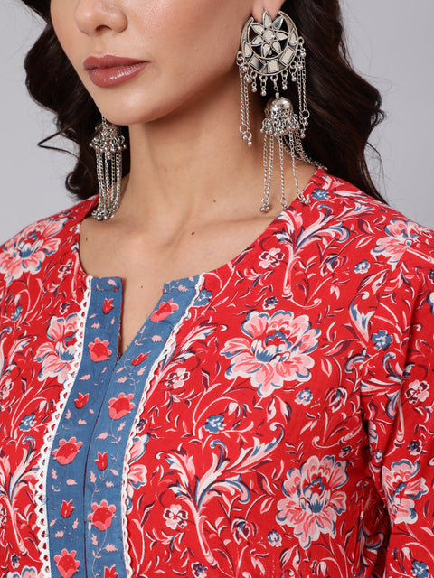 Women Red Floral Printed Straight Kurta & Palazzo With Dupatta