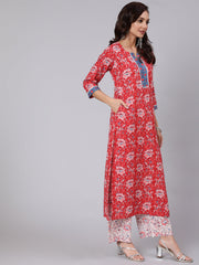Women Red Floral Printed Straight Kurta & Palazzo With Dupatta