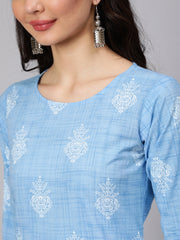Women Light Blue Printed Straight Kurta With Trouser And Lace Details