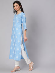 Women Light Blue Printed Straight Kurta With Trouser And Lace Details