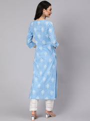 Women Light Blue Printed Straight Kurta With Trouser And Lace Details