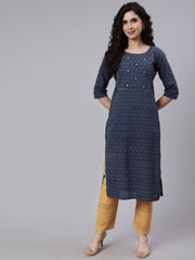 Women Blue & Maroon Floral Printed Straight kurta With Three Quarter Sleeves