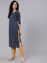 Women Blue & Maroon Floral Printed Straight kurta With Three Quarter Sleeves