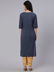 Women Blue & Maroon Floral Printed Straight kurta With Three Quarter Sleeves