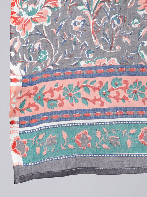 Women Grey Ethnic Printed Straight Kurta With Palazzo And Dupatta