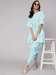 Women Aqua Blue Ethnic Printed A-Line Kurta With Dhoti