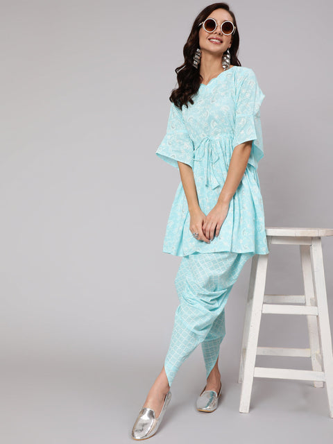 Women Aqua Blue Ethnic Printed A-Line Kurta With Dhoti