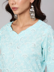 Women Aqua Blue Ethnic Printed A-Line Kurta With Dhoti