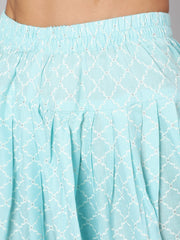 Women Aqua Blue Ethnic Printed A-Line Kurta With Dhoti