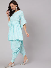 Women Aqua Blue Ethnic Printed A-Line Kurta With Dhoti