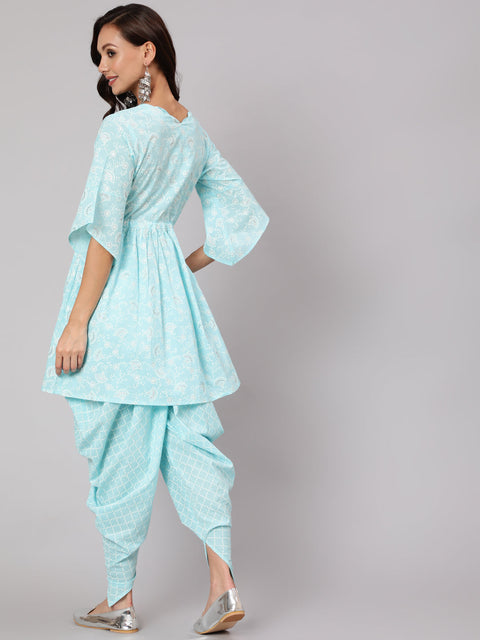 Women Aqua Blue Ethnic Printed A-Line Kurta With Dhoti