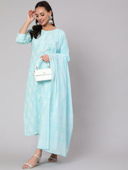 Women Aqua Blue Ethnic Printed Straight Kurta With Palazzo And Dupatta