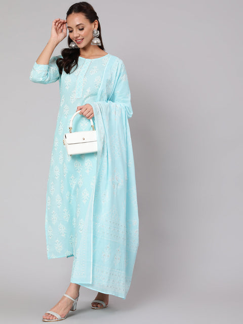 Women Aqua Blue Ethnic Printed Straight Kurta With Palazzo And Dupatta