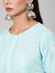 Women Aqua Blue Ethnic Printed Straight Kurta With Palazzo And Dupatta
