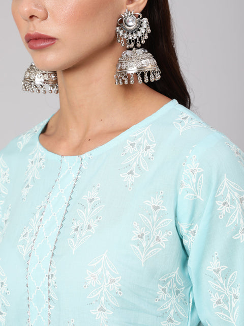 Women Aqua Blue Ethnic Printed Straight Kurta With Palazzo And Dupatta