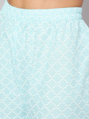 Women Aqua Blue Ethnic Printed Straight Kurta With Palazzo And Dupatta