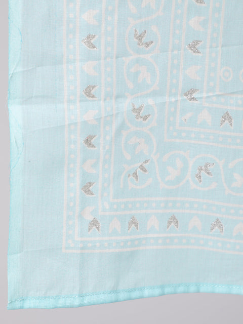Women Aqua Blue Ethnic Printed Straight Kurta With Palazzo And Dupatta