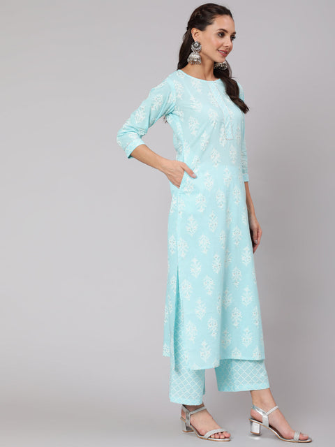 Women Aqua Blue Ethnic Printed Straight Kurta With Palazzo And Dupatta