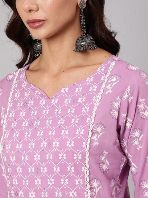 Women Purple Silver Floral Printed Straight kurta With Palazzo And Dupatta