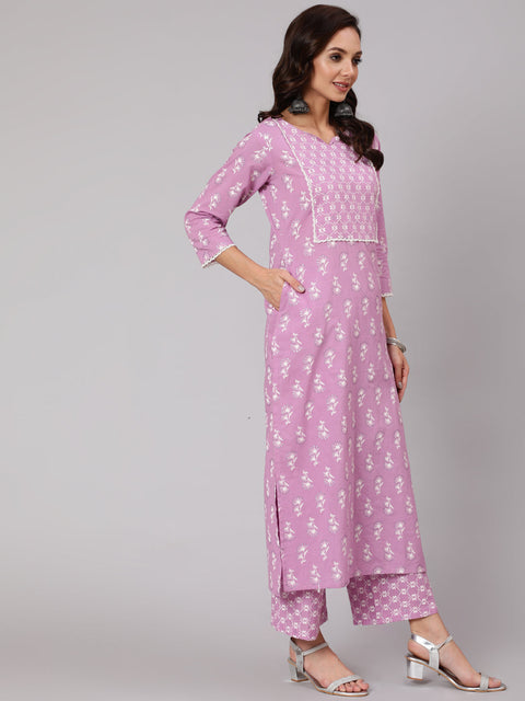 Women Purple Silver Floral Printed Straight kurta With Palazzo And Dupatta