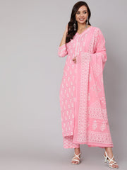Women Pink Silver Floral Printed Straight kurta With Palazzo And Dupatta