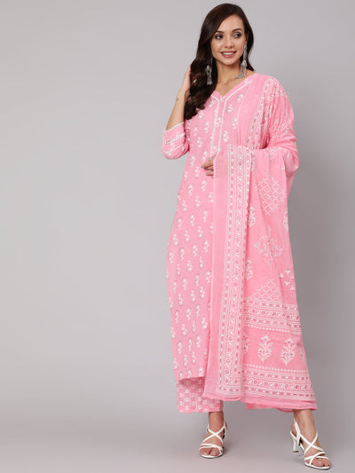 Women Pink Silver Floral Printed Straight kurta With Palazzo And Dupatta