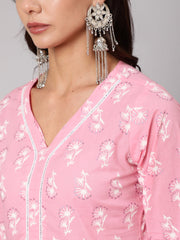 Women Pink Silver Floral Printed Straight kurta With Palazzo And Dupatta