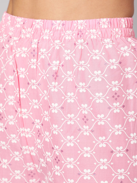 Women Pink Silver Floral Printed Straight kurta With Palazzo And Dupatta