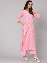 Women Pink Silver Floral Printed Straight kurta With Palazzo And Dupatta