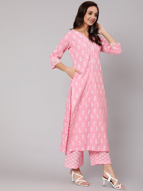 Women Pink Silver Floral Printed Straight kurta With Palazzo And Dupatta