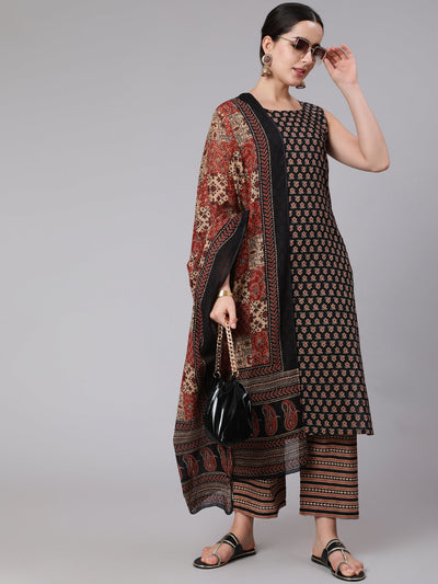 Women Black & Maroon Ethnic Motif Printed Sleevesless Straight Kurta With Palazzo And Dupatta