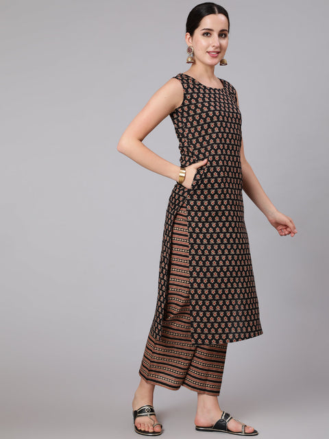Women Black & Maroon Ethnic Motif Printed Sleevesless Straight Kurta With Palazzo And Dupatta