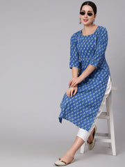 Women Blue Ethnic Motif Printed Straight Kurta With Three Quaretr Sleeves
